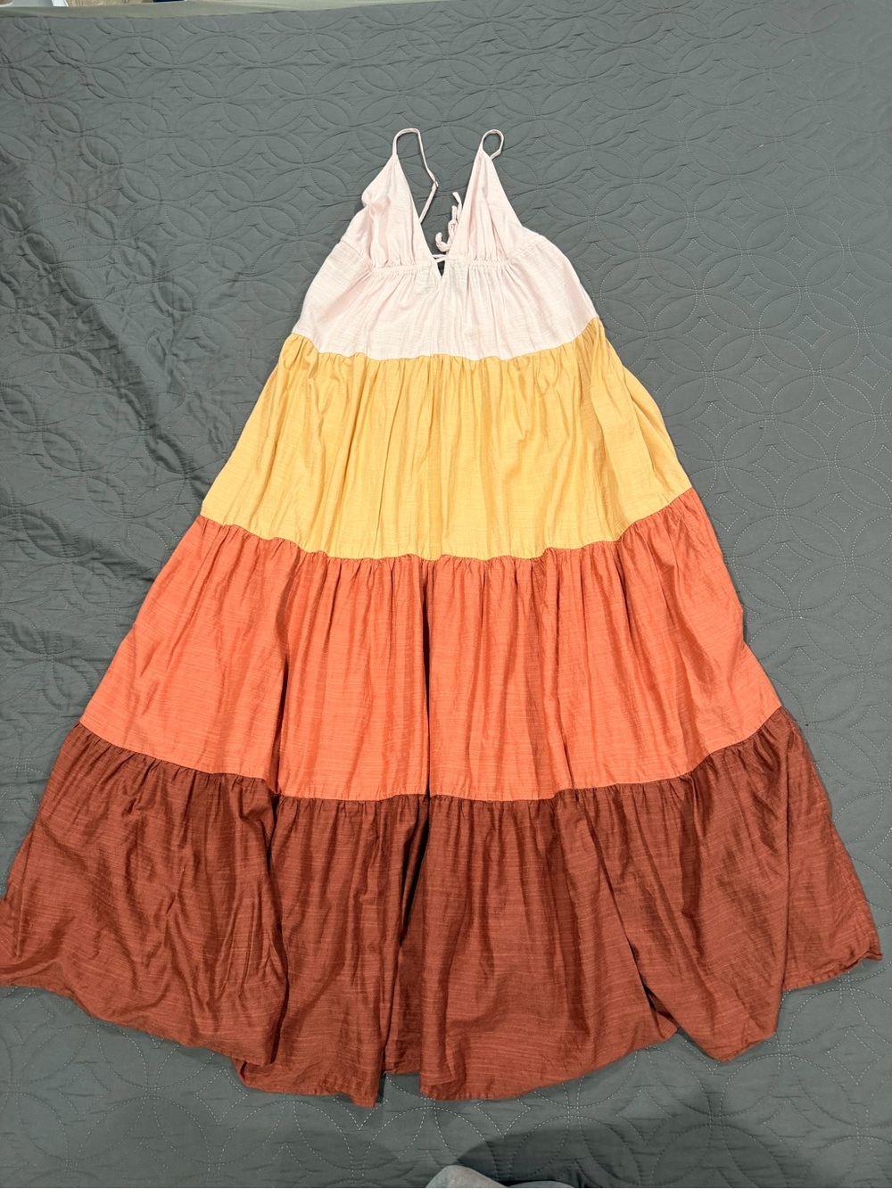 By Anthropologie Sunset Colorblock Tiered Cami Maxi Dress Light Pink Yellow Rust
